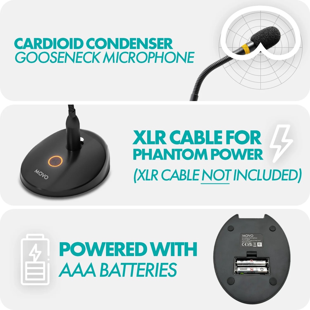 MOVO GM-9 Micrófono Vocal De Cuello De Cisne De Condensador con Base
