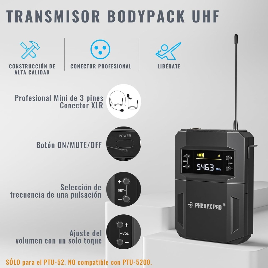 PHENYX PRO PTU-52B MICROFONO INALAMBRICO Set Mano Headset y Balita UHF 2 Canales
