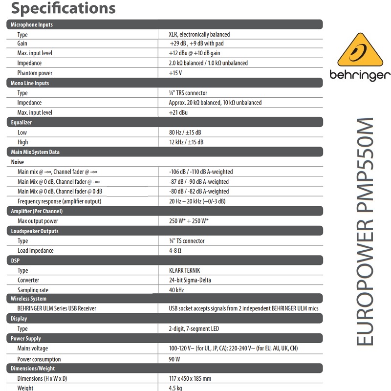 BEHRINGER CONSOLA AMPLIFICADA 5 CANALES 500W