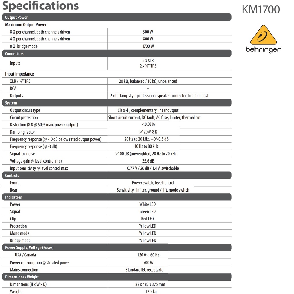 BEHRINGER AMPLIFICADOR POWER 800W x 2 CANALES