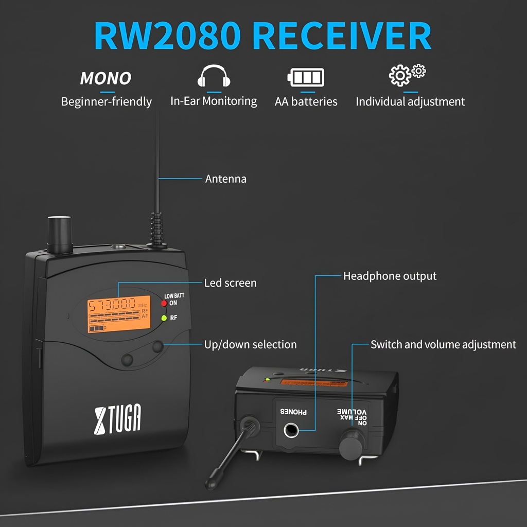 XTUGA RW2080-4 In-Ear Cuatro Belt-Pack Monitor personal de Oído Inalámbrica 2 Mezclas Estéreo