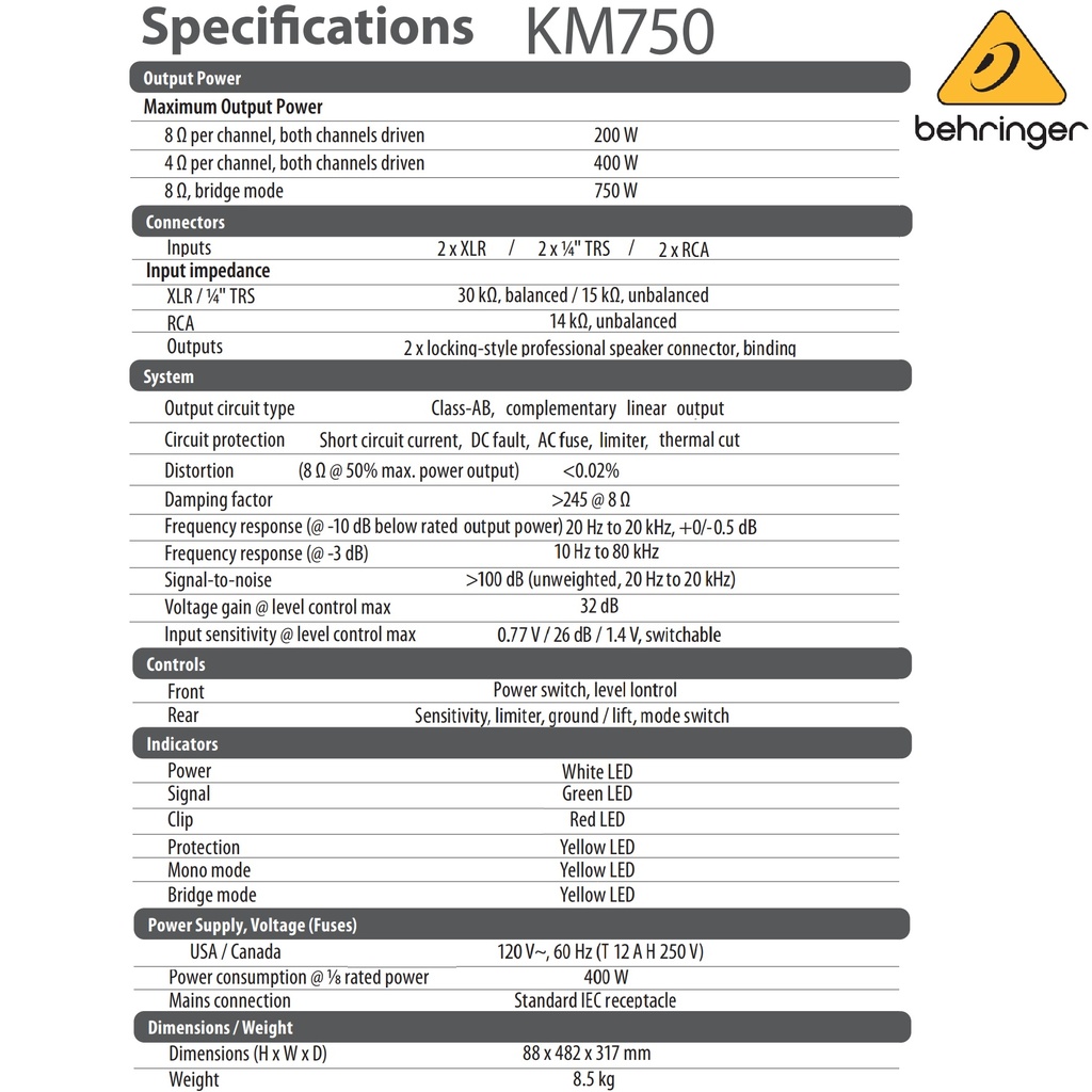 BEHRINGER AMPLIFICADOR POWER 750W 2 CANALES