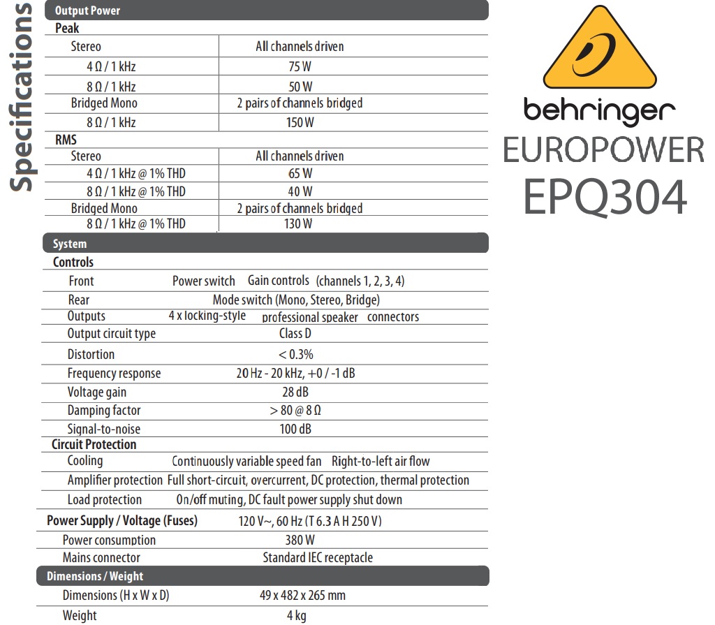 BEHRINGER EUROPOWER AMPLIFICADOR 75W X 4 CANALES