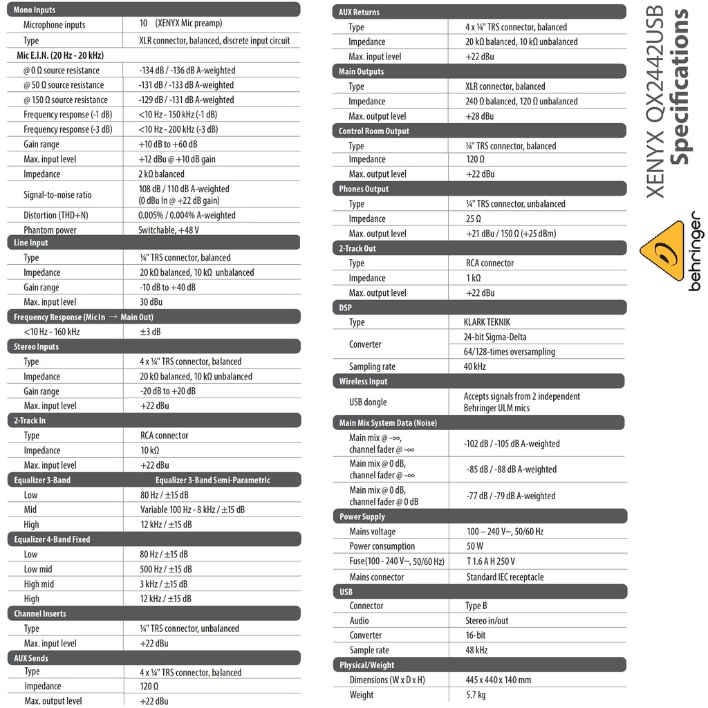 BEHRINGER CONSOLA 24 ENTRADAS Y 4/2 BUSES, CON EFECTOS, USB, INTERFAZ
