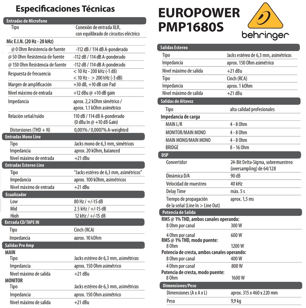 BEHRINGER EUROPOWER CONSOLA AMPLIFICADA 10 CANALES 1600W